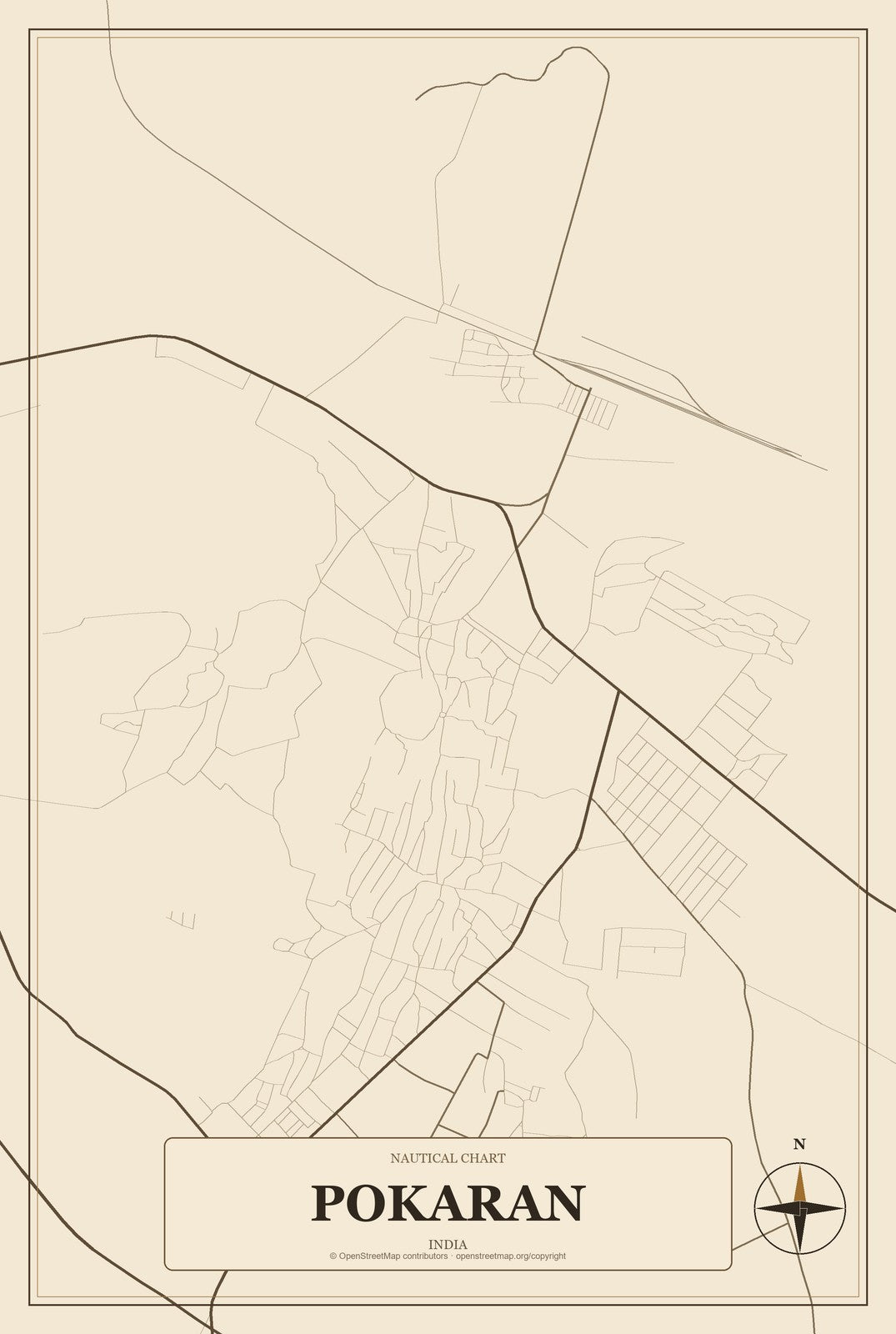 Pokaran, India City Map Aluminum Sign in Heritage Nautical style