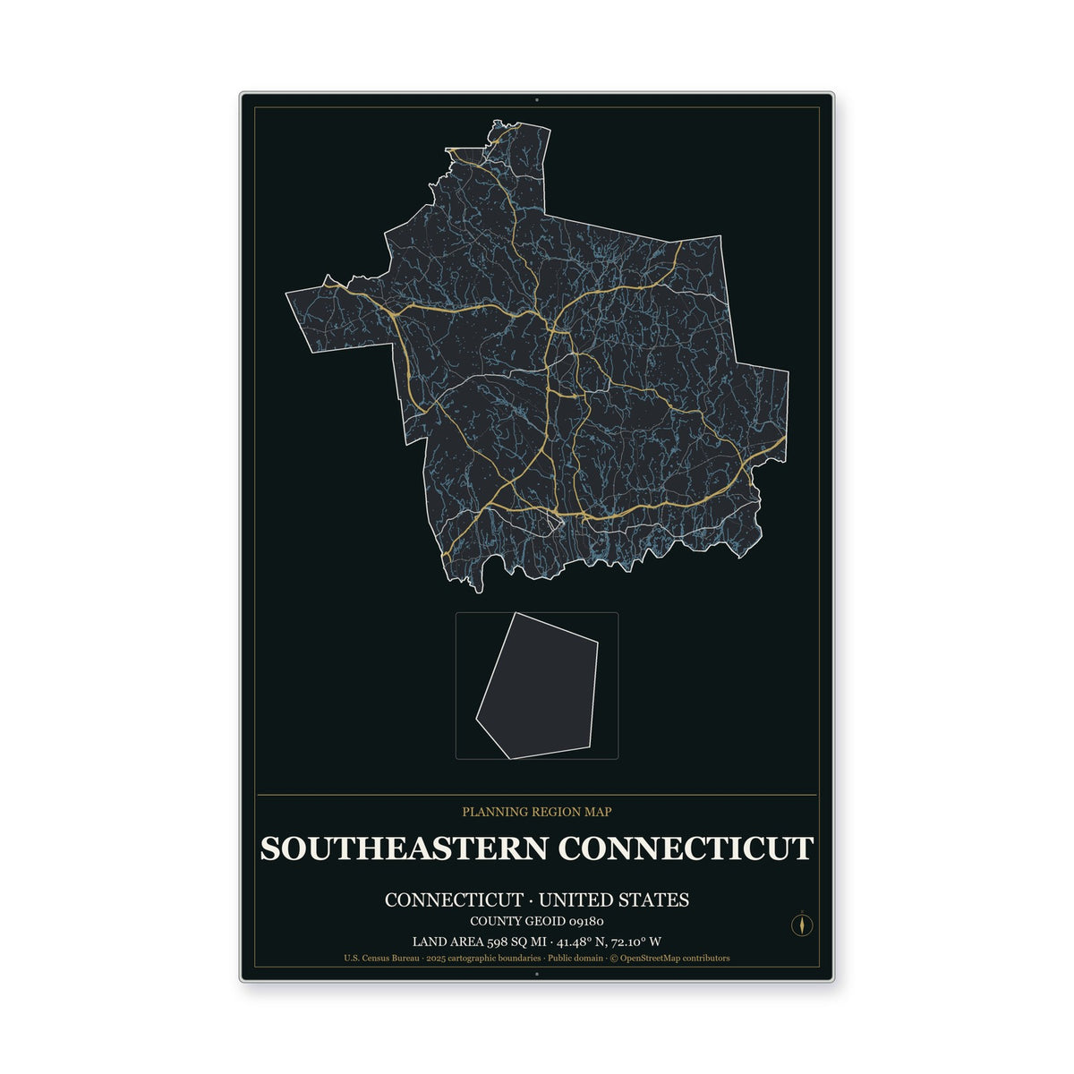 Southeastern Connecticut Planning Region, Connecticut Map Aluminum Sign in Metropolitan Noir style