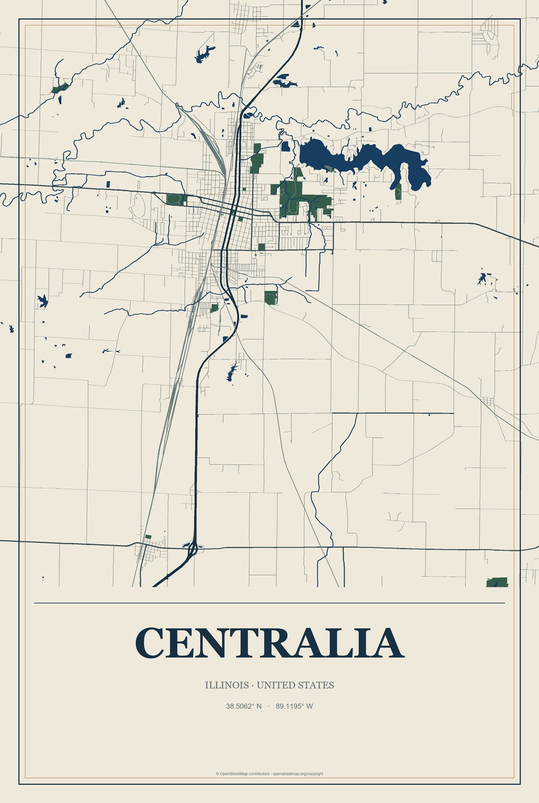 Centralia, Illinois City Map Aluminum Sign in Coastal Cutout style