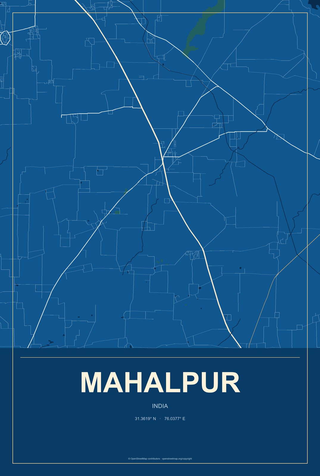 Mahalpur, India City Map Aluminum Sign in Harbor Cobalt style