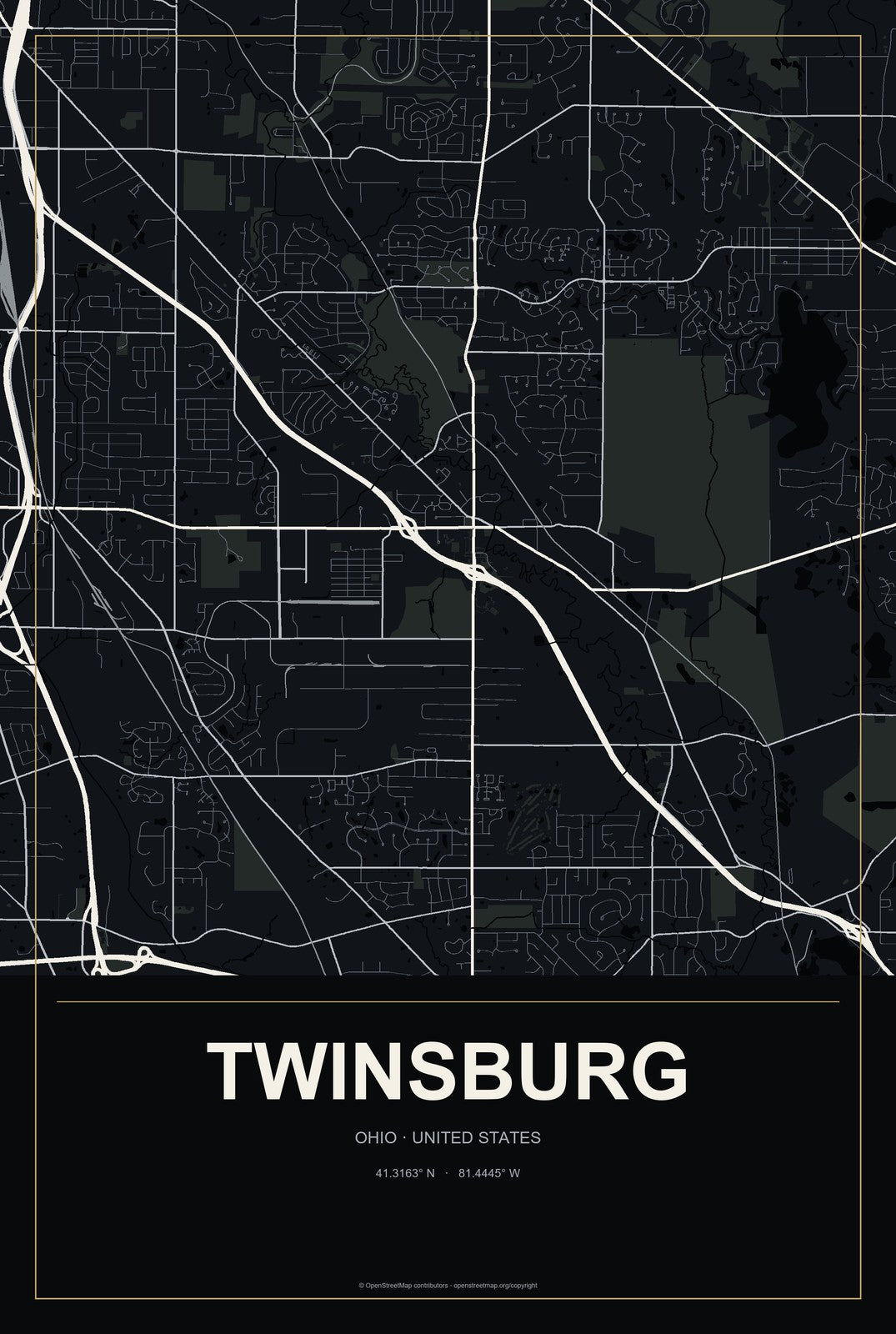 Twinsburg, Ohio City Map Aluminum Sign in Metropolitan Noir style