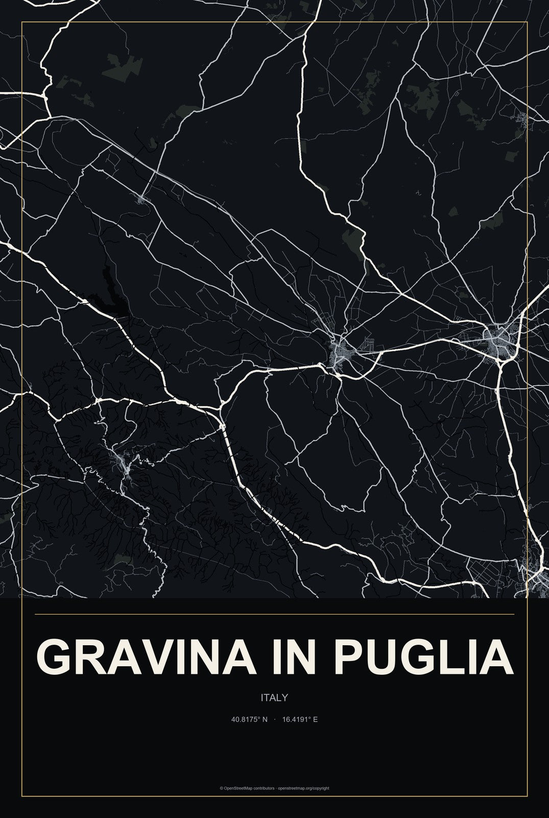 Gravina in Puglia, Italy City Map Aluminum Sign in Metropolitan Noir style