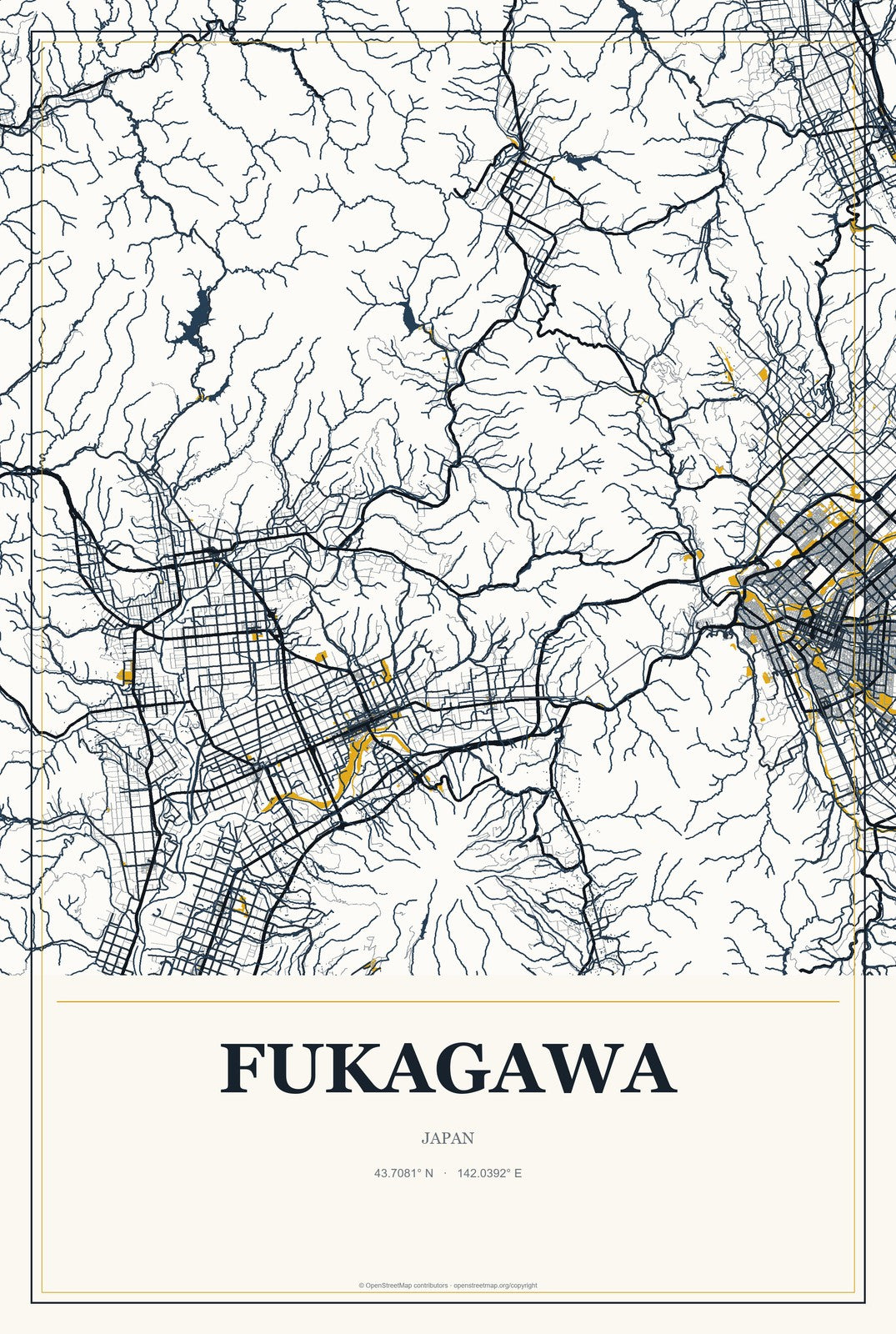 Fukagawa, Japan City Map Aluminum Sign in Citrine Modern style