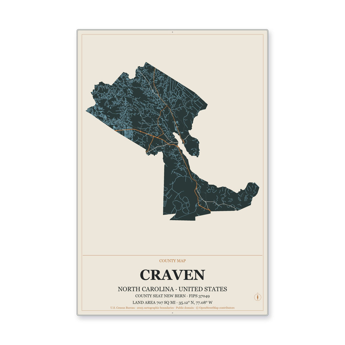 Craven County, North Carolina Map Aluminum Sign in Headline Atlas style