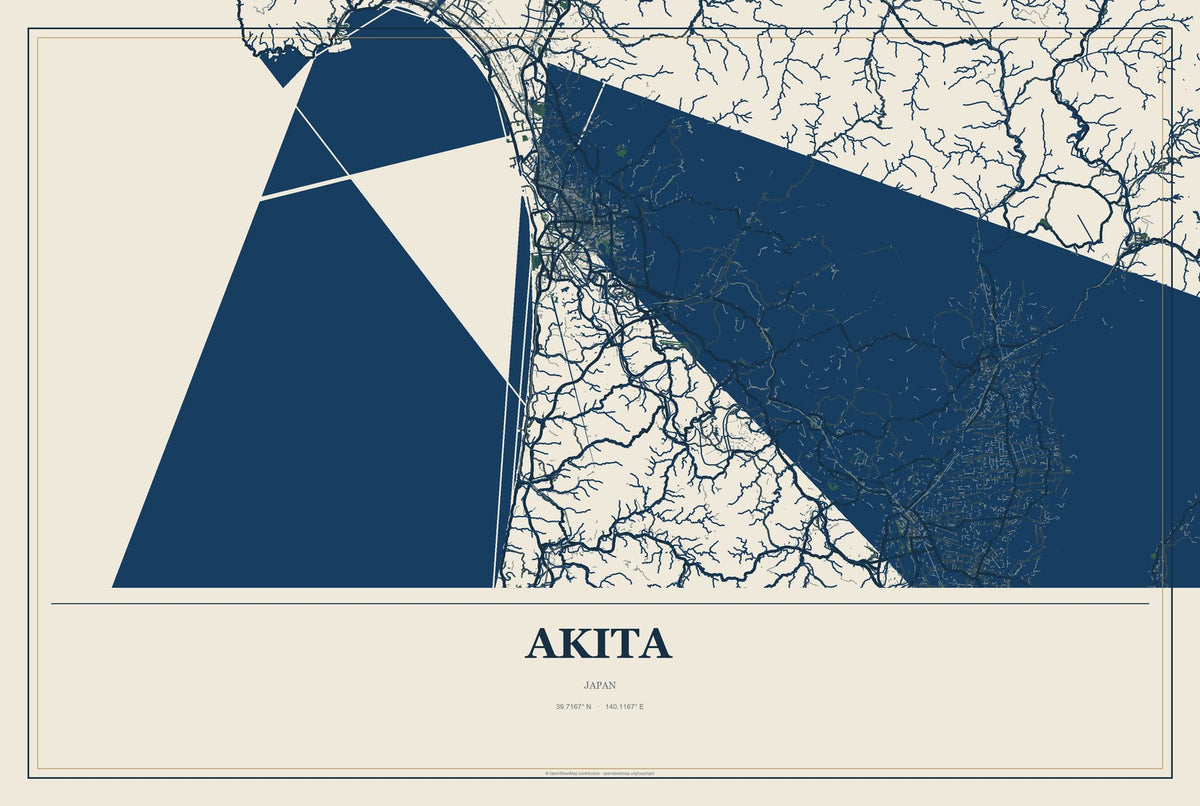 Akita, Japan City Map Aluminum Sign in Coastal Cutout style