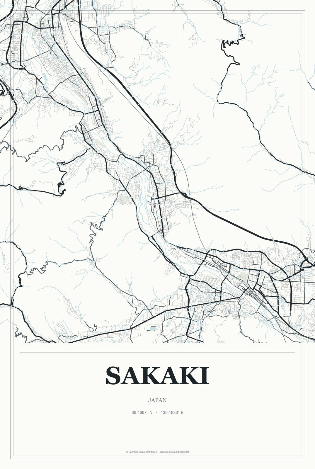 Sakaki, Japan City Map Aluminum Sign in Gallery Air style