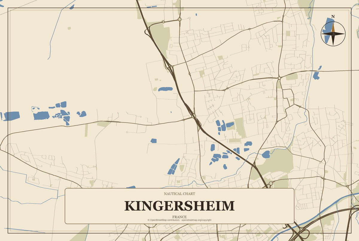 Kingersheim, France City Map Aluminum Sign in Heritage Nautical style