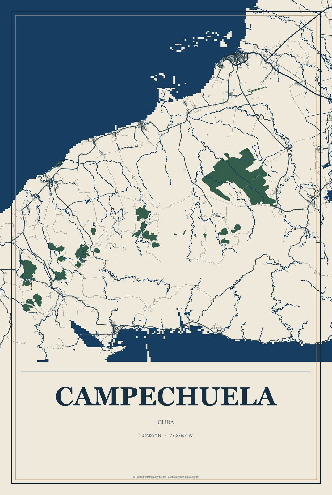 Campechuela, Cuba City Map Aluminum Sign in Coastal Cutout style