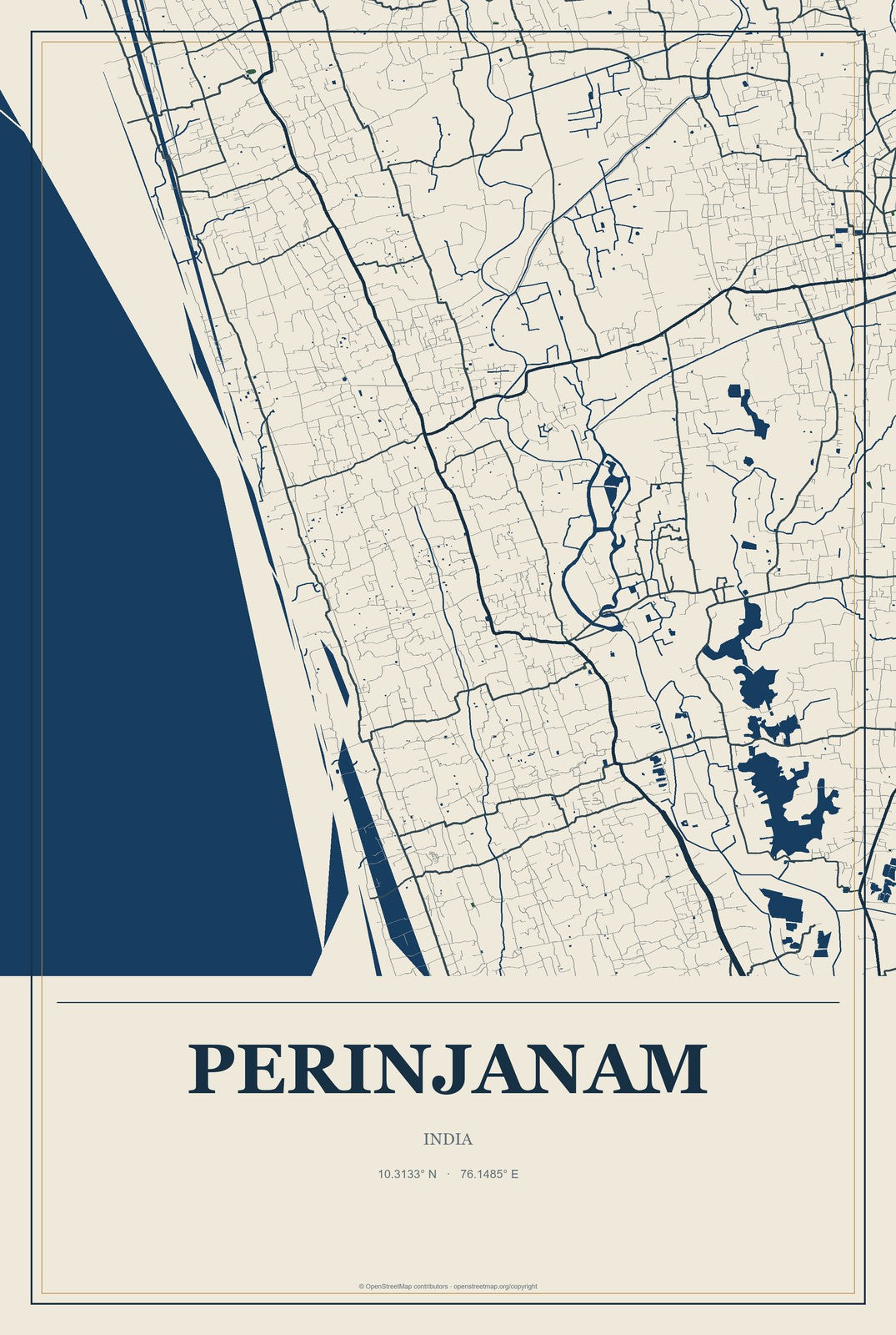 Perinjanam, India City Map Aluminum Sign in Coastal Cutout style