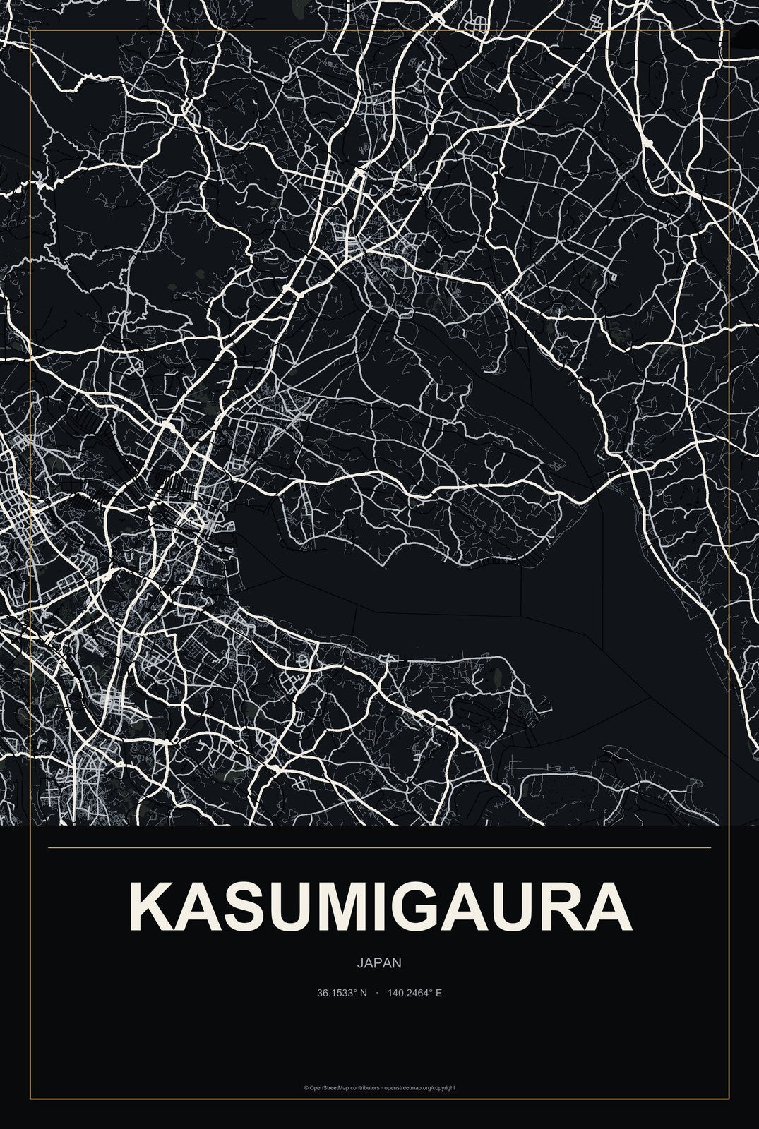 Kasumigaura, Japan City Map Aluminum Sign in Metropolitan Noir style