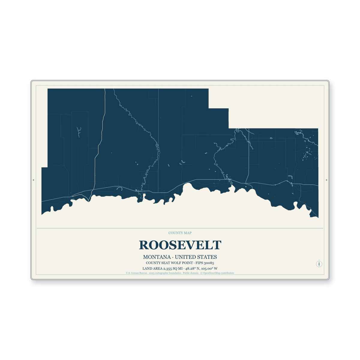 Roosevelt County, Montana Map Aluminum Sign in Coastal Cutout style