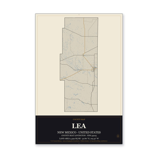 Lea County, New Mexico Map Aluminum Sign in Museum Plaque style