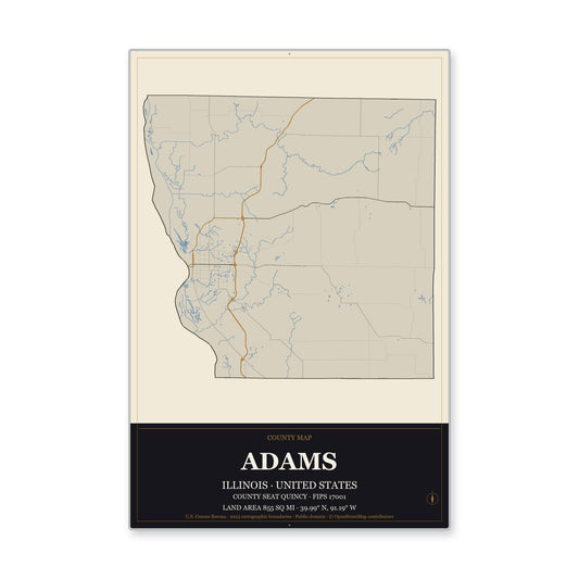 Adams County, Illinois Map Aluminum Sign in Museum Plaque style