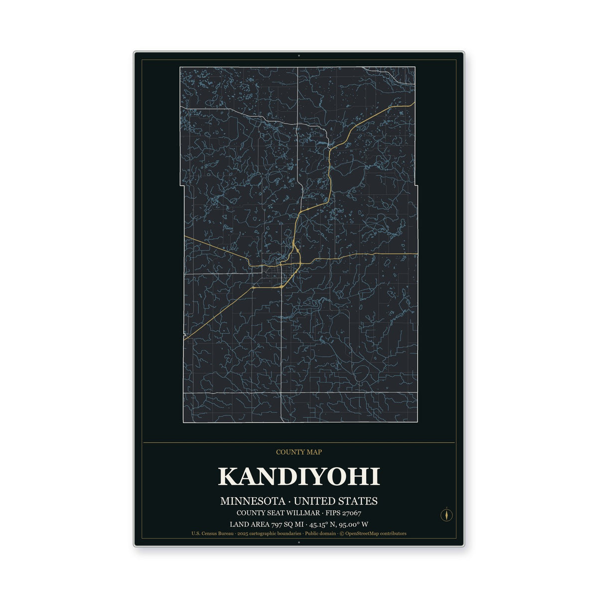 Kandiyohi County, Minnesota Map Aluminum Sign in Metropolitan Noir style