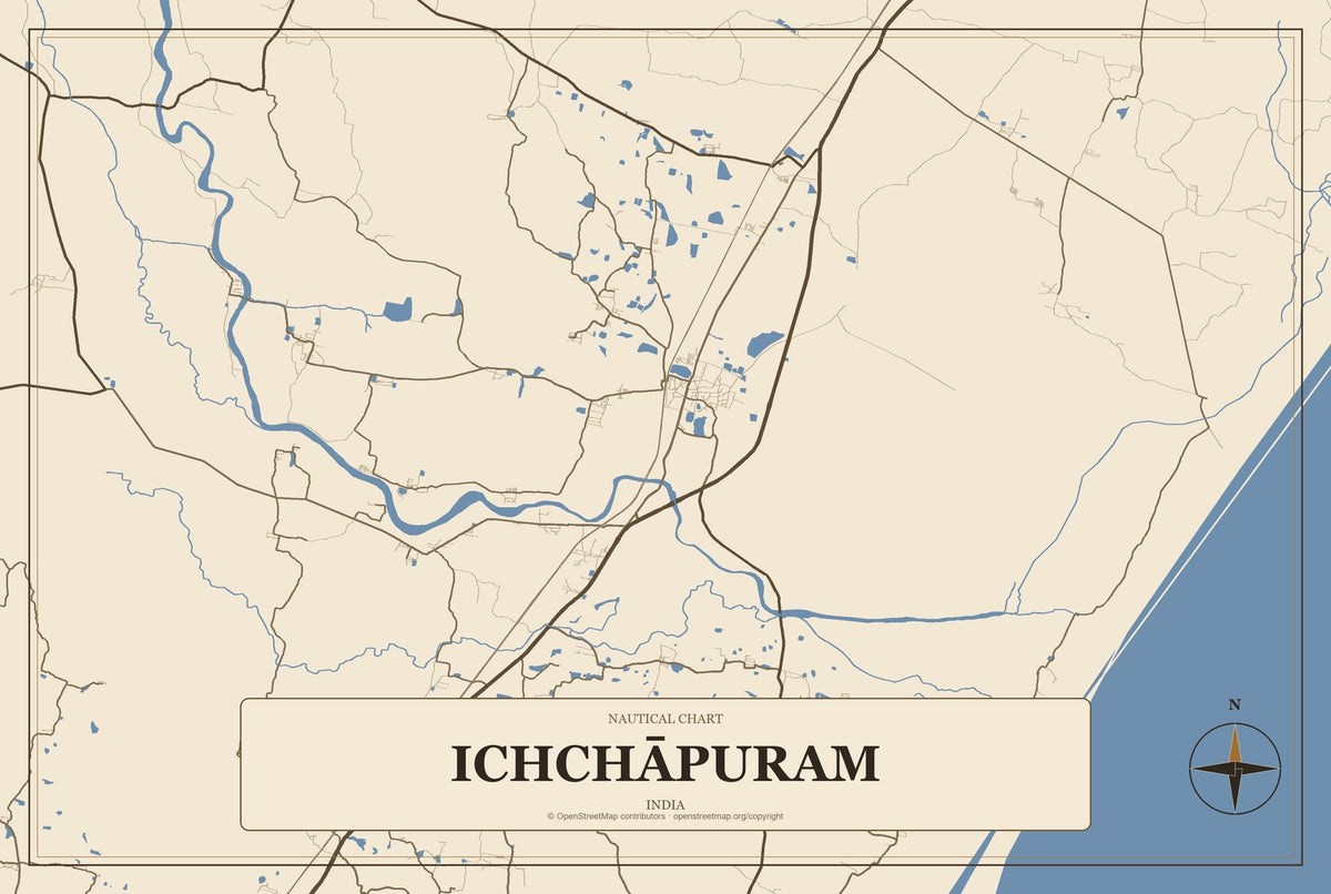 Ichchāpuram, India City Map Aluminum Sign in Heritage Nautical style