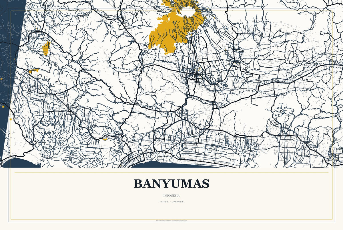 Banyumas, Indonesia City Map Aluminum Sign in Citrine Modern style