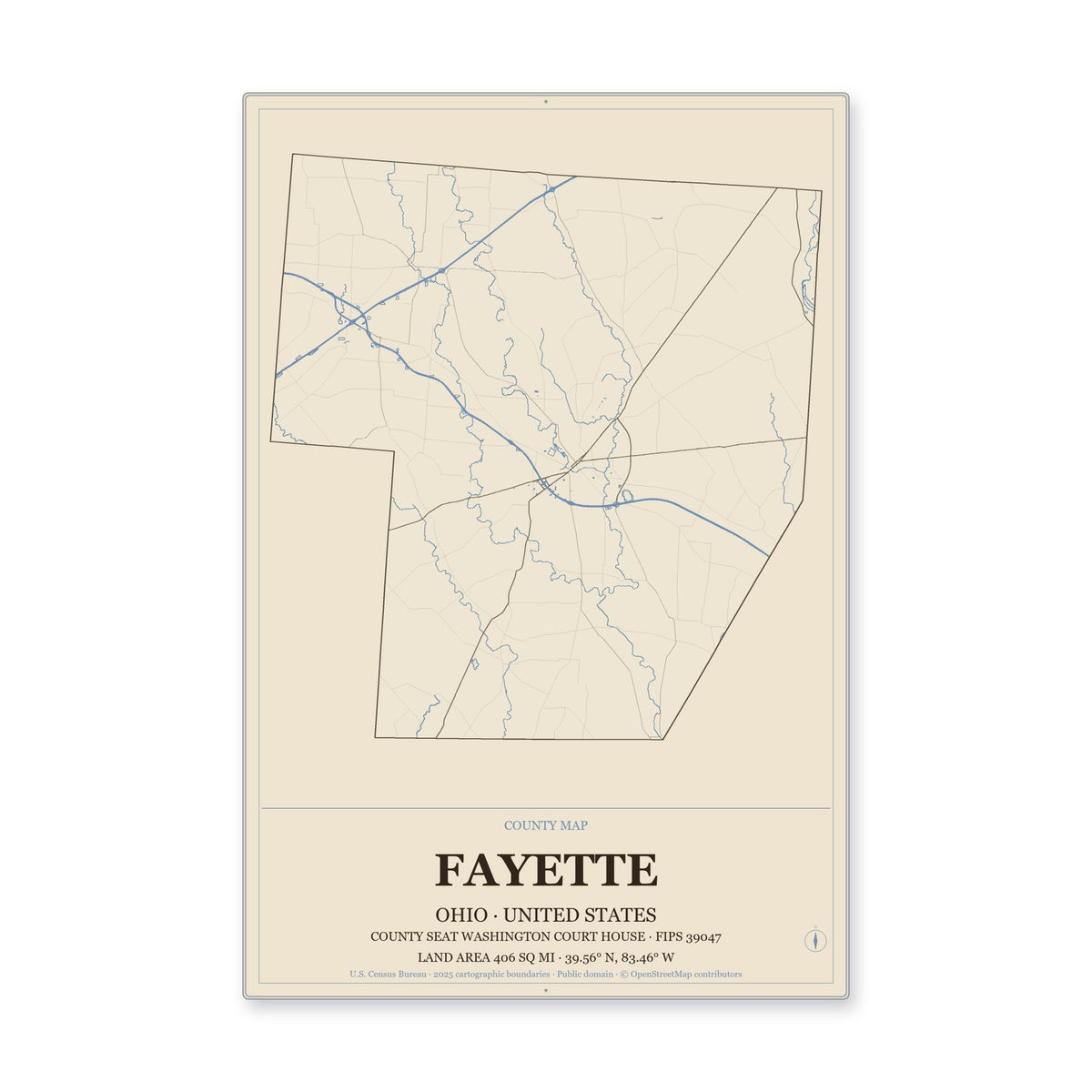 Fayette County, Ohio Map Aluminum Sign in Heritage Nautical style