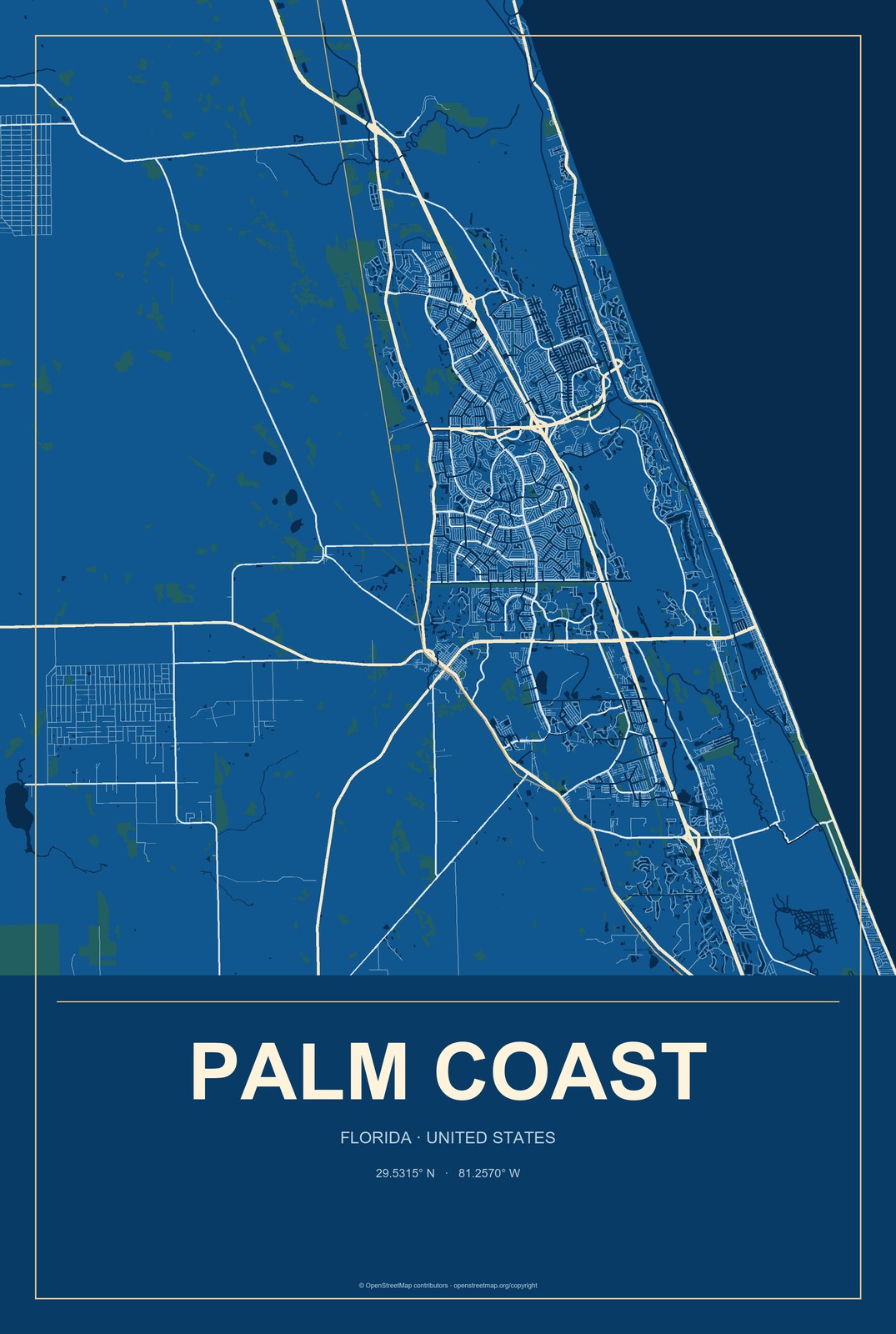 Palm Coast, Florida City Map Aluminum Sign in Harbor Cobalt style