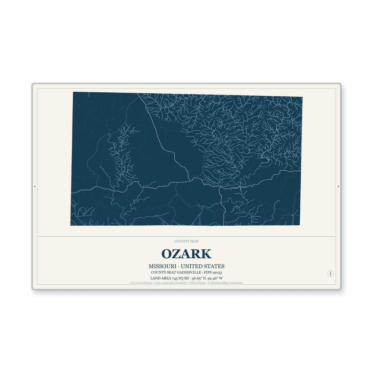 Ozark County, Missouri Map Aluminum Sign in Coastal Cutout style