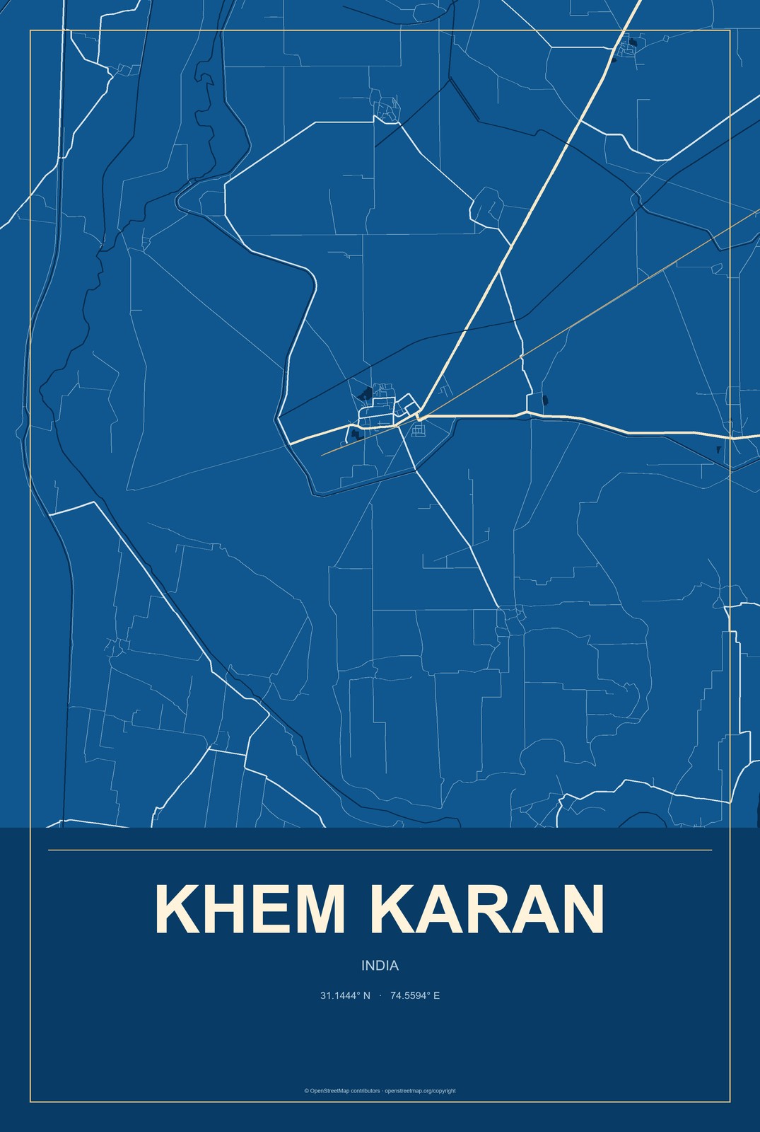 Khem Karan, India City Map Aluminum Sign in Harbor Cobalt style