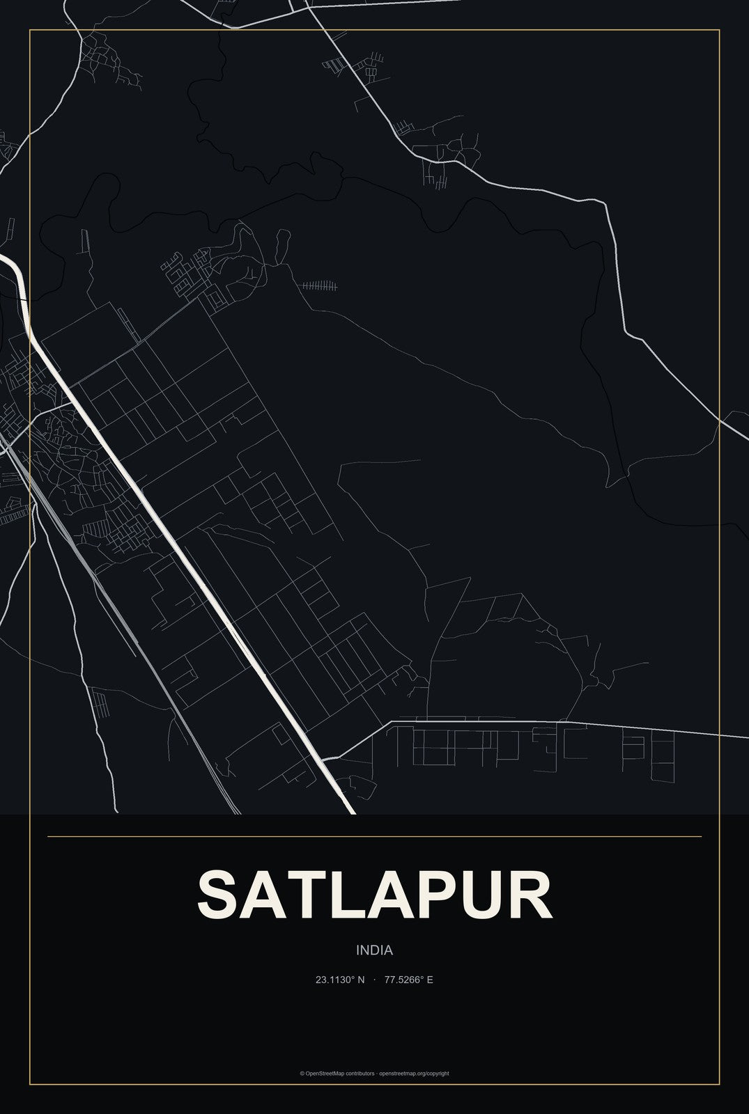 Satlapur, India City Map Aluminum Sign in Metropolitan Noir style