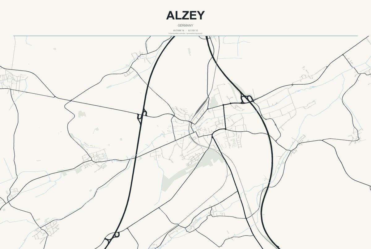 Alzey, Germany City Map Aluminum Sign in Headline Atlas style