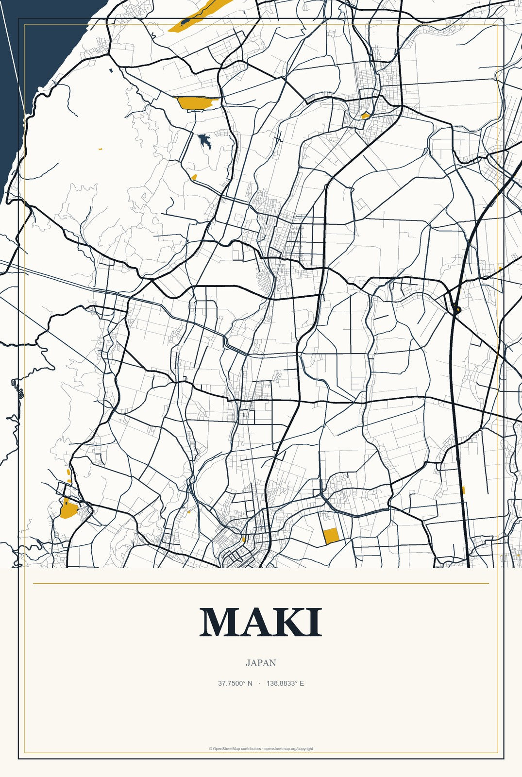 Maki, Japan City Map Aluminum Sign in Citrine Modern style