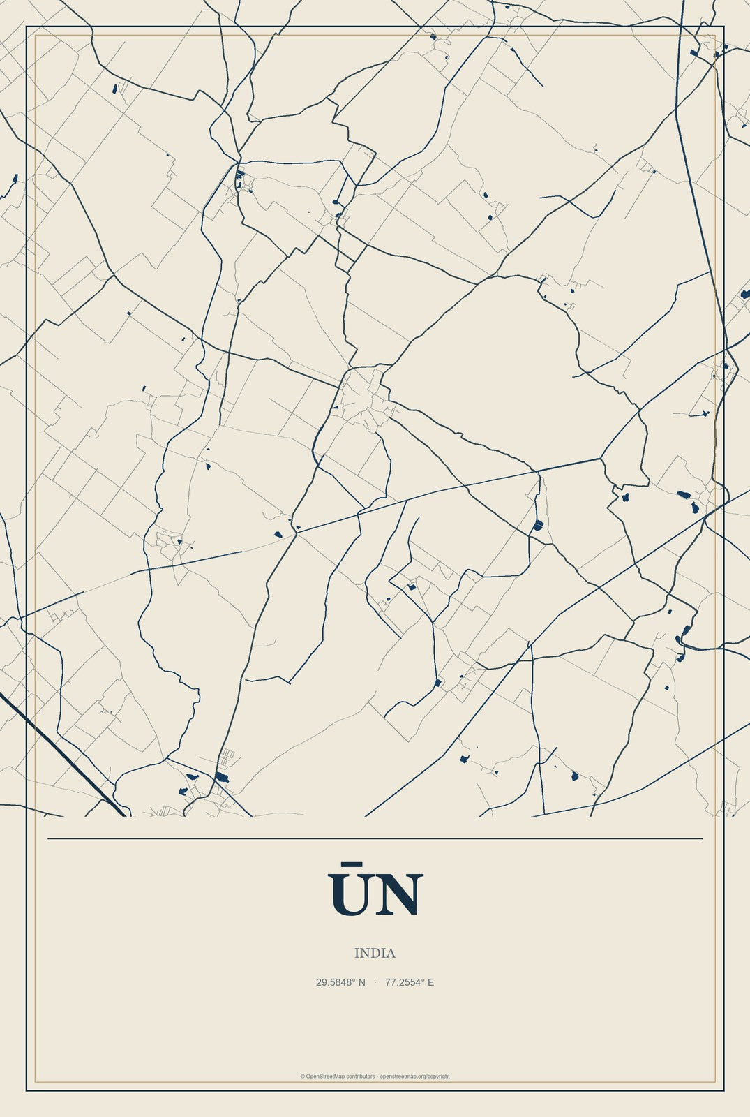 Ūn, India City Map Aluminum Sign in Coastal Cutout style