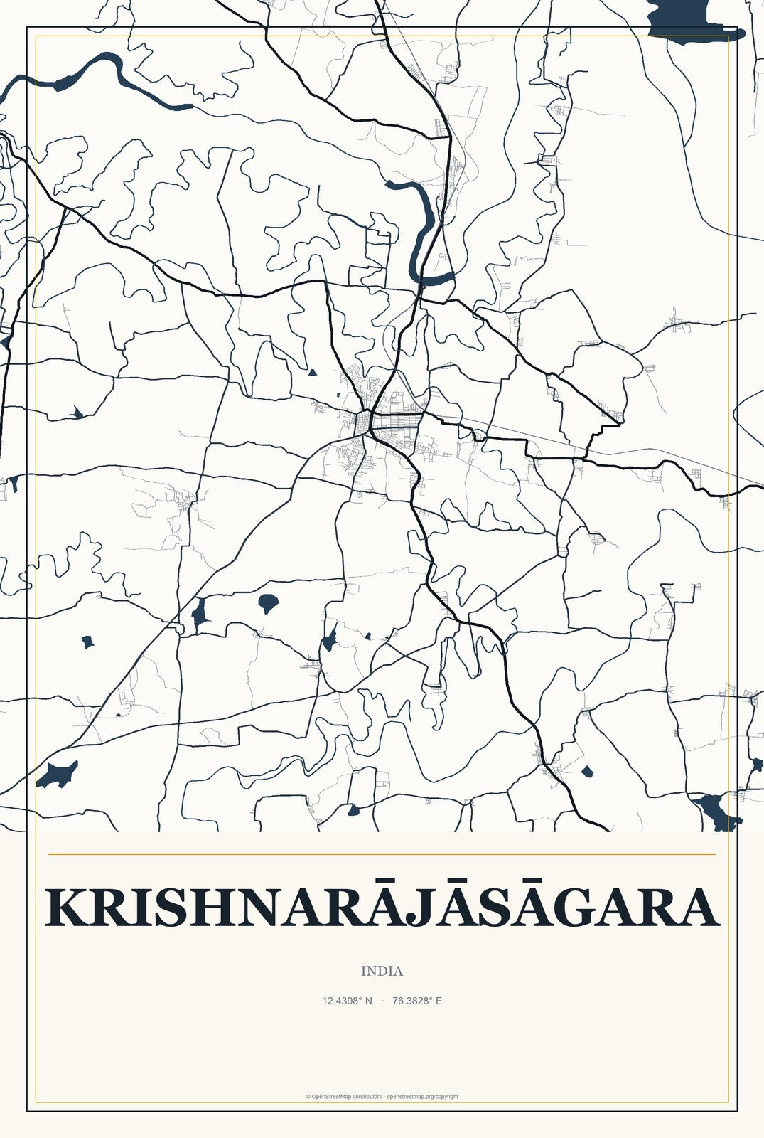 Krishnarājāsāgara, India City Map Aluminum Sign in Citrine Modern style