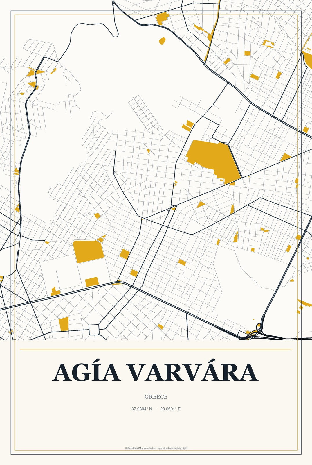 Agía Varvára, Greece City Map Aluminum Sign in Citrine Modern style