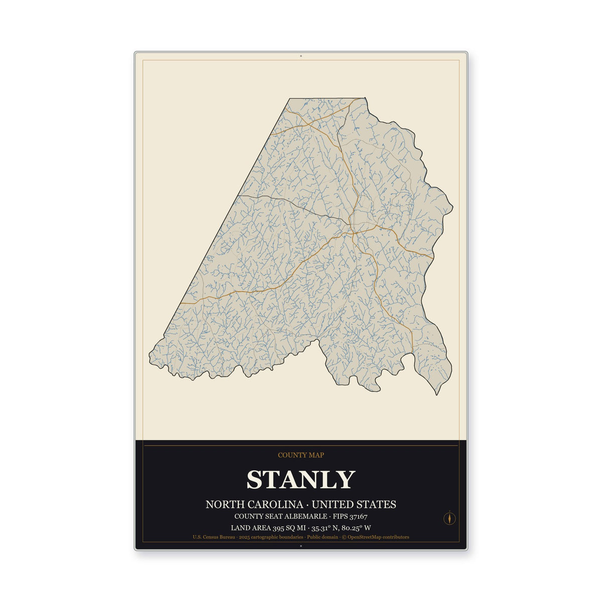 Stanly County, North Carolina Map Aluminum Sign in Museum Plaque style