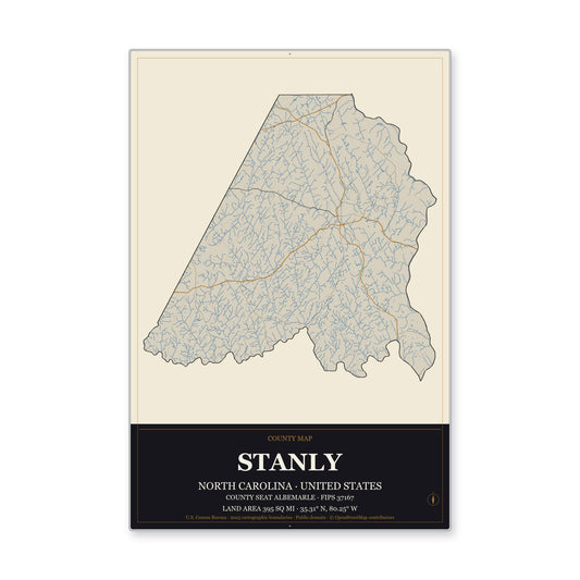 Stanly County, North Carolina Map Aluminum Sign in Museum Plaque style