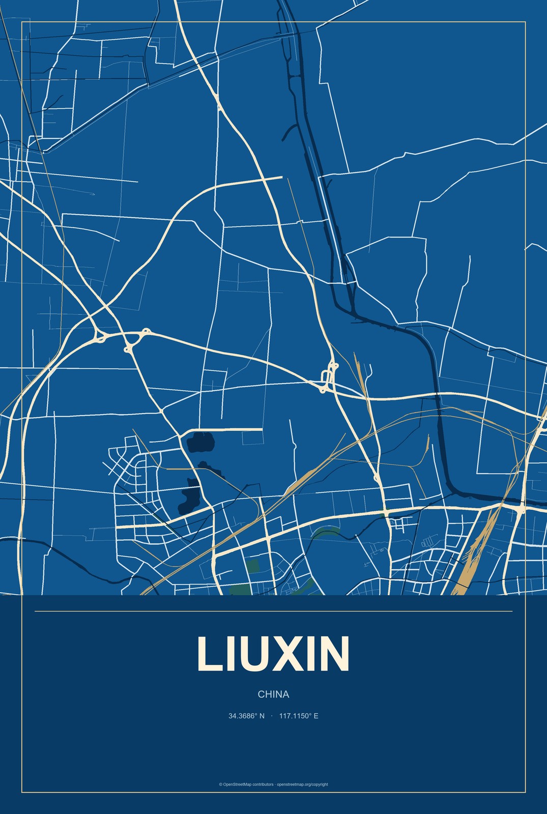 Liuxin, China City Map Aluminum Sign in Harbor Cobalt style