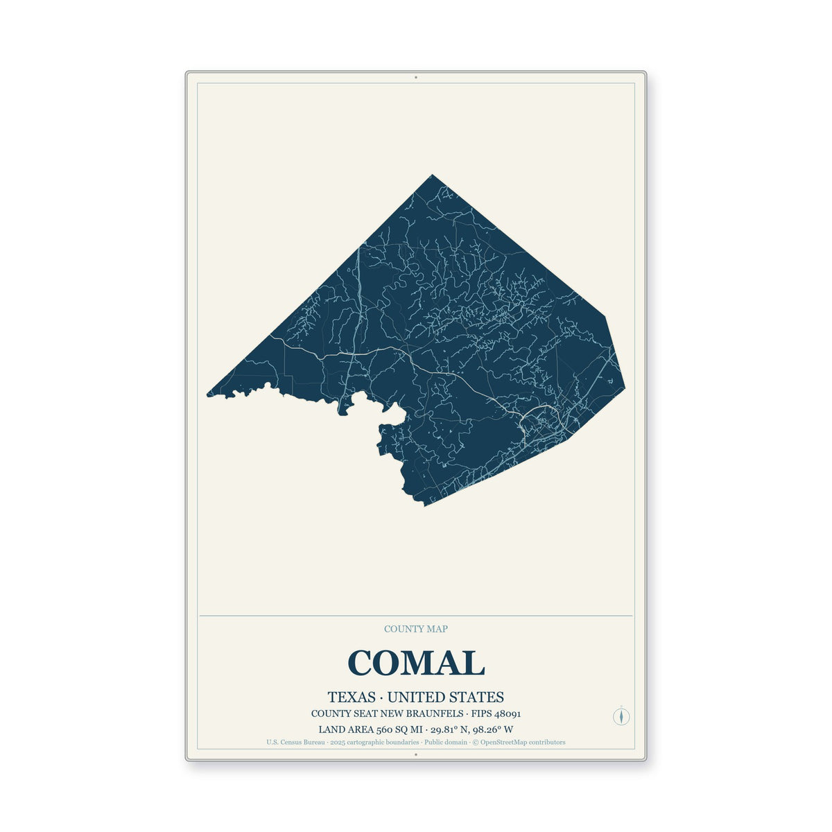 Comal County, Texas Map Aluminum Sign in Coastal Cutout style