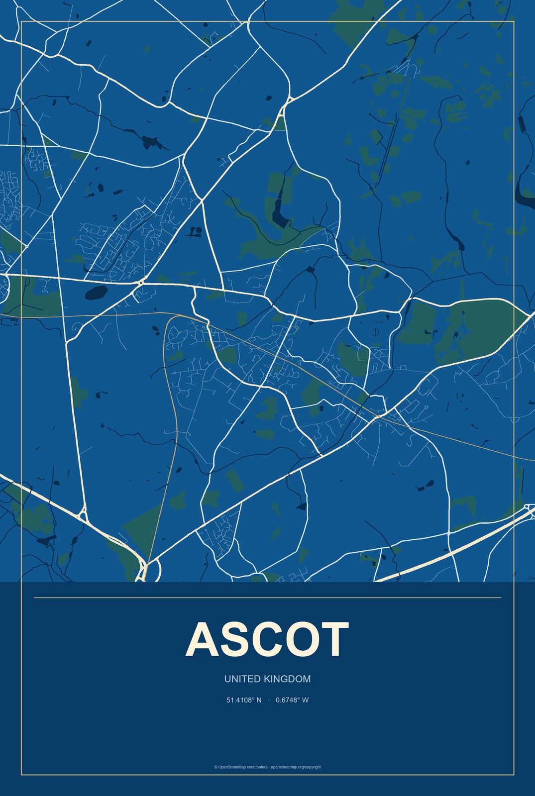 Ascot, United Kingdom City Map Aluminum Sign in Harbor Cobalt style