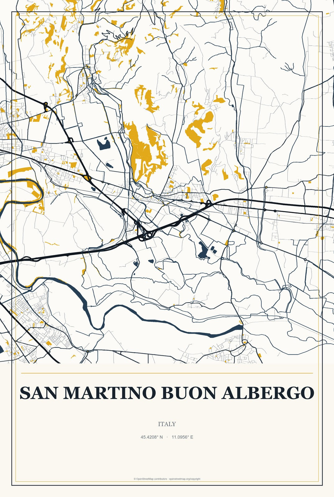 San Martino Buon Albergo, Italy City Map Aluminum Sign in Citrine Modern style
