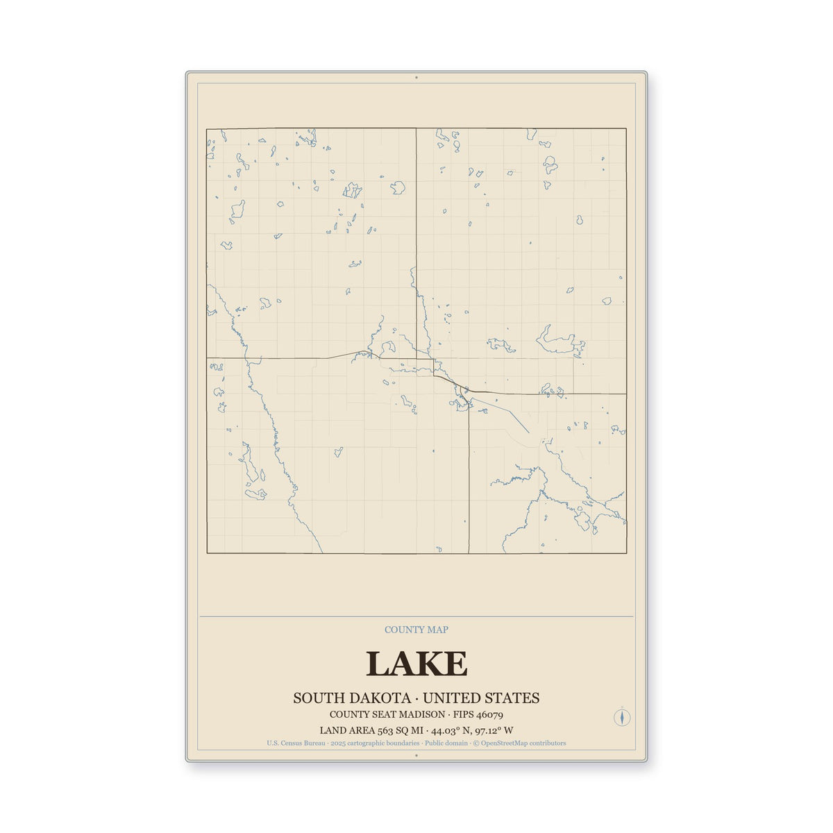 Lake County, South Dakota Map Aluminum Sign in Heritage Nautical style