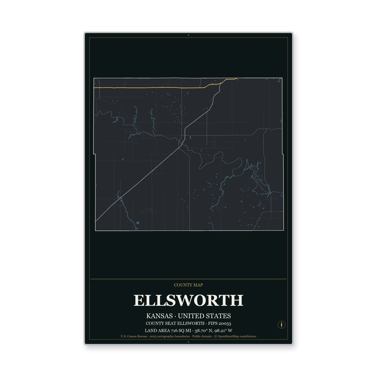 Ellsworth County, Kansas Map Aluminum Sign in Metropolitan Noir style