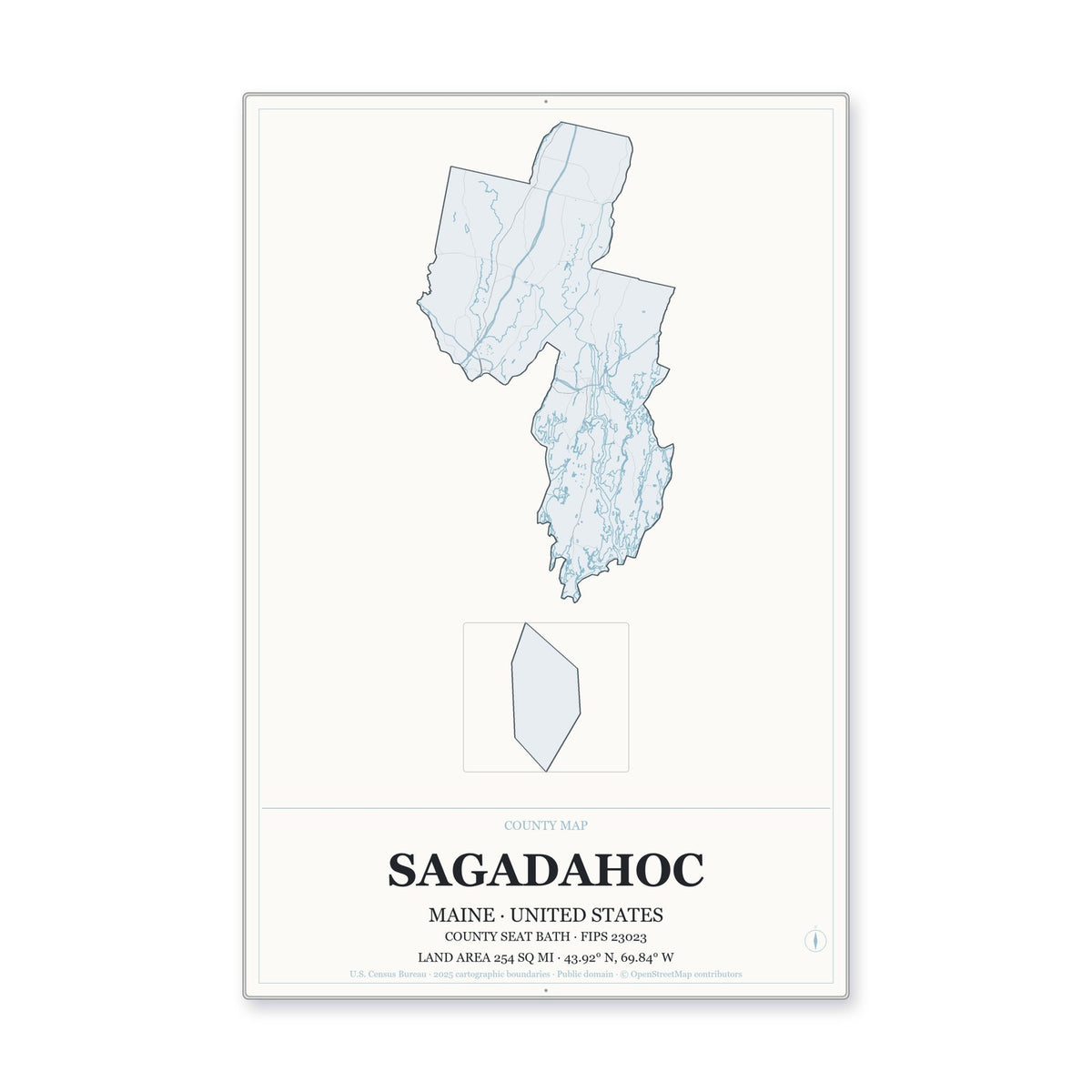 Sagadahoc County, Maine Map Aluminum Sign in Gallery Air style