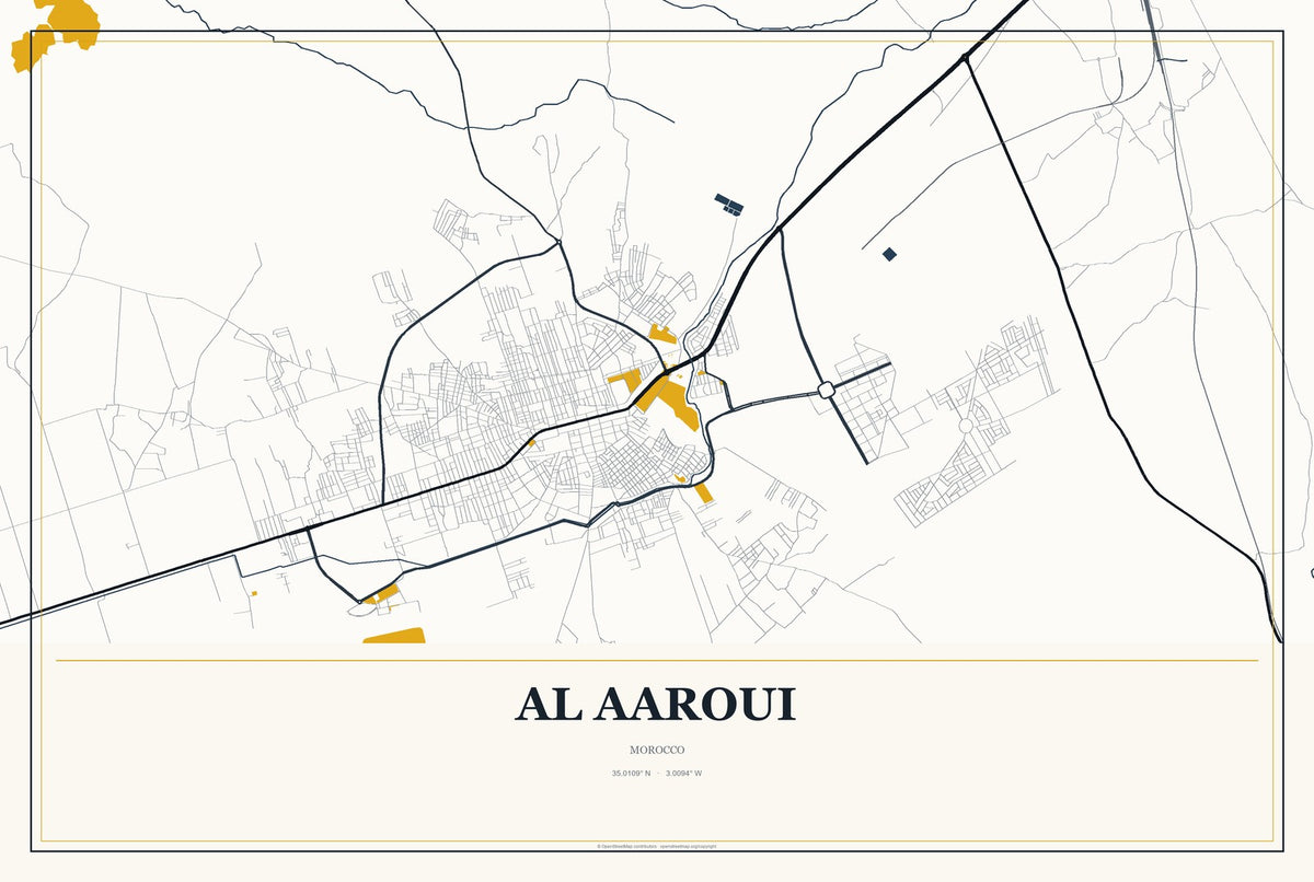 Al Aaroui, Morocco City Map Aluminum Sign in Citrine Modern style