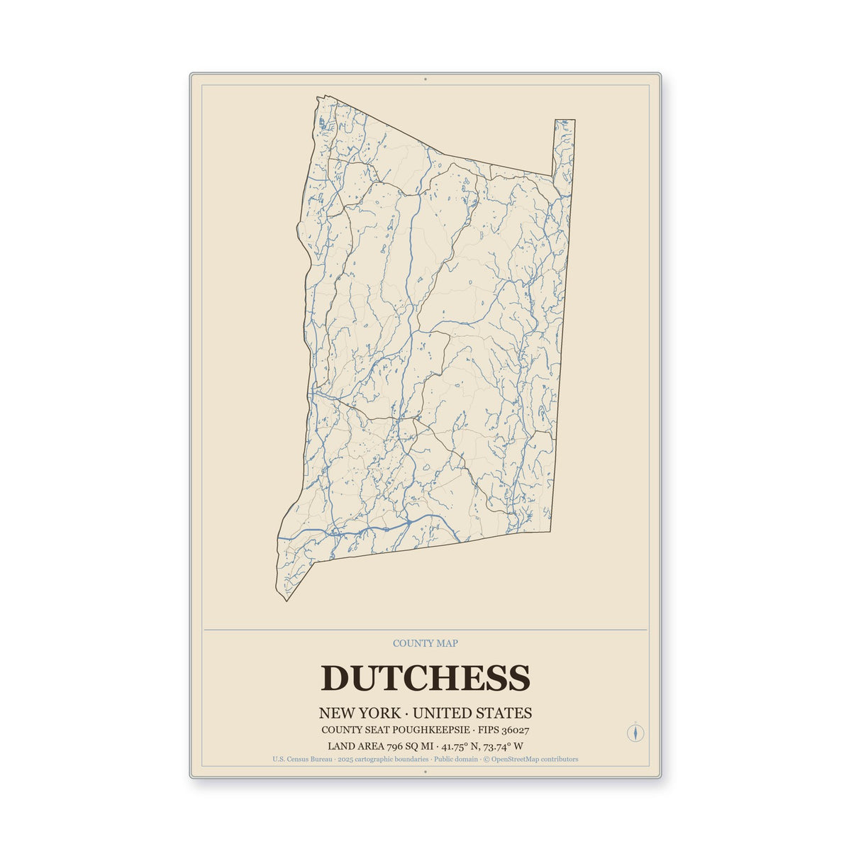 Dutchess County, New York Map Aluminum Sign in Heritage Nautical style