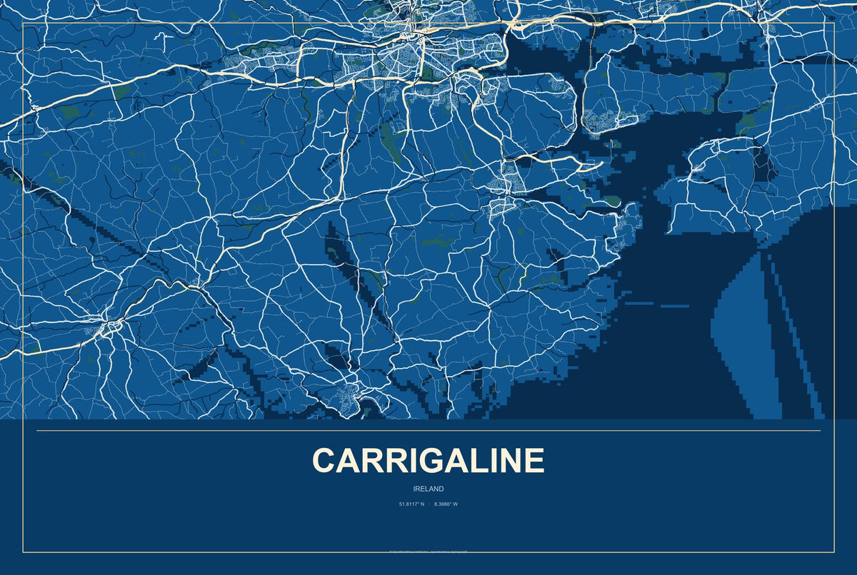 Carrigaline, Ireland City Map Aluminum Sign in Harbor Cobalt style