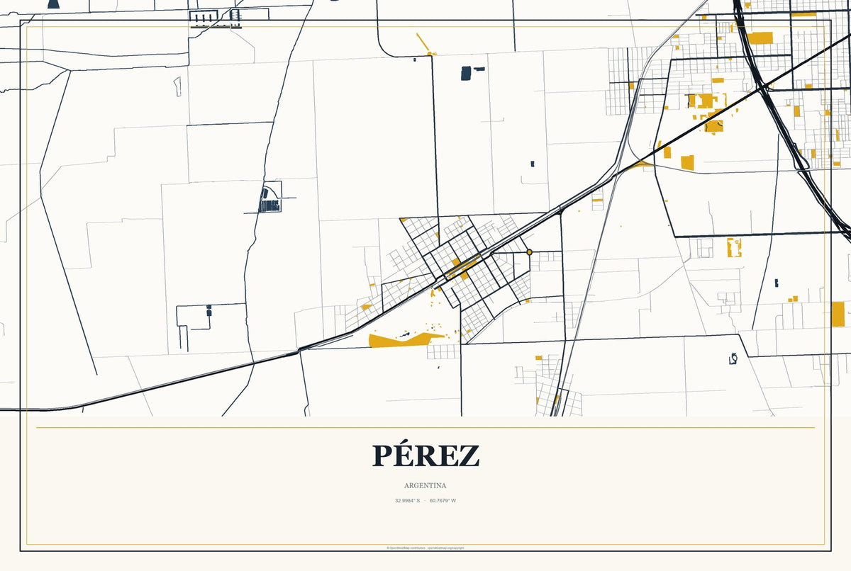 Pérez, Argentina City Map Aluminum Sign in Citrine Modern style