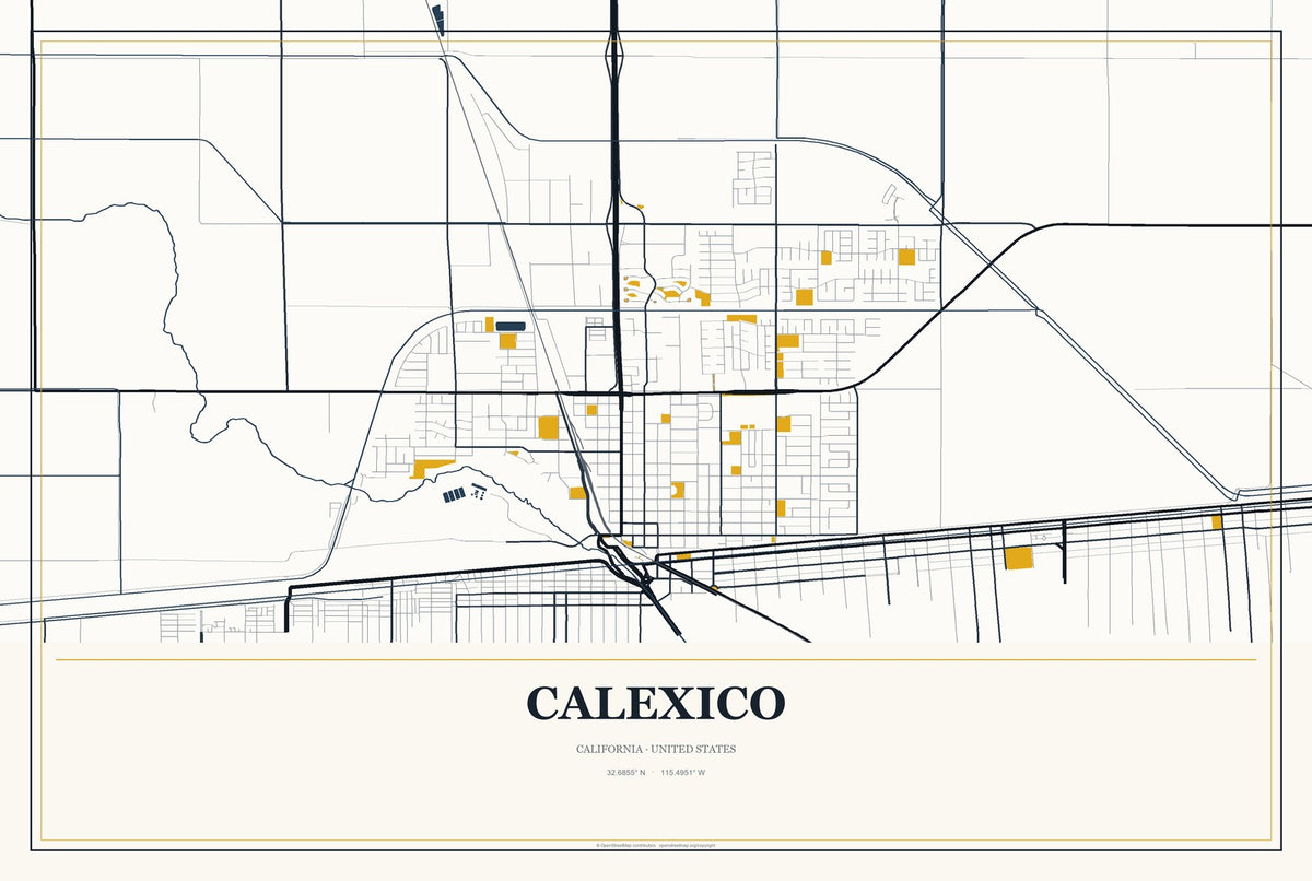 Calexico, California City Map Aluminum Sign in Citrine Modern style
