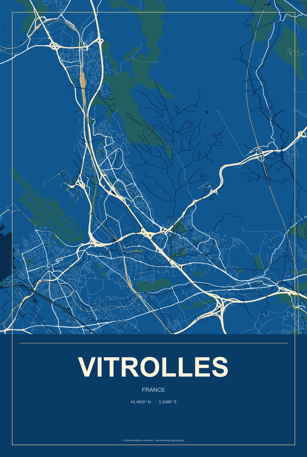 Vitrolles, France City Map Aluminum Sign in Harbor Cobalt style