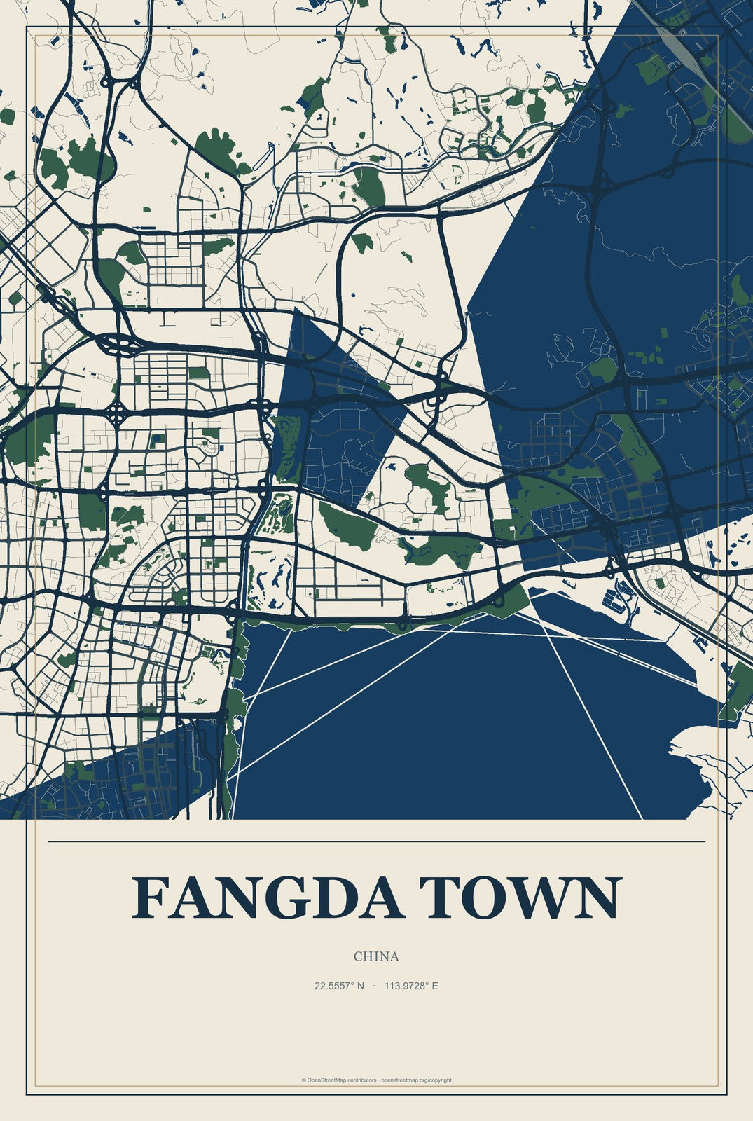 Fangda Town, China City Map Aluminum Sign in Coastal Cutout style
