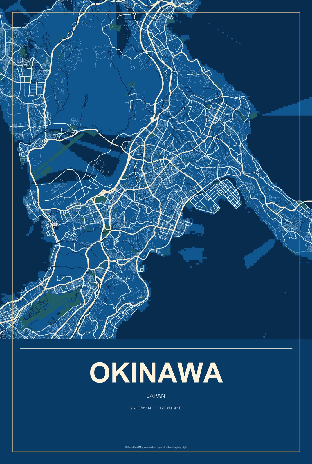 Okinawa, Japan City Map Aluminum Sign in Harbor Cobalt style