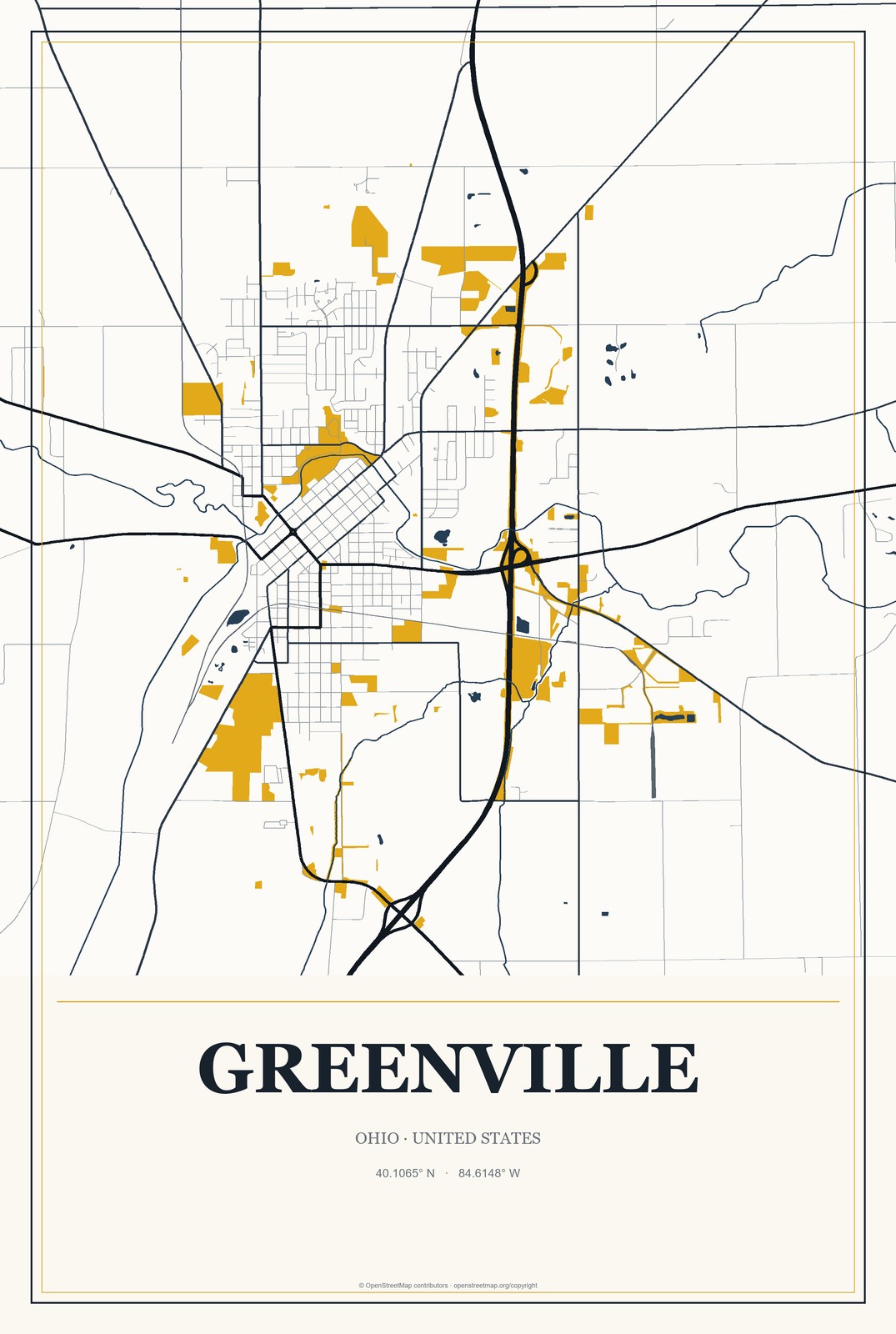 Greenville, Ohio City Map Aluminum Sign in Citrine Modern style