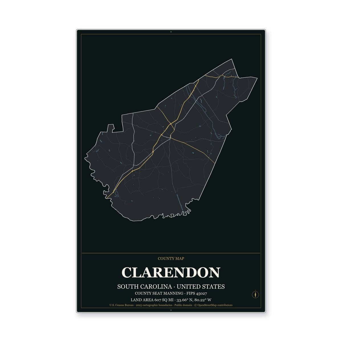Clarendon County, South Carolina Map Aluminum Sign in Metropolitan Noir style