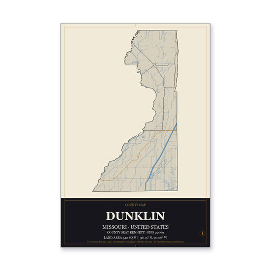 Dunklin County, Missouri Map Aluminum Sign in Museum Plaque style